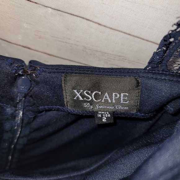 XSCAPE BY JOANNA CHEN NAVY LACE CAP SLEEVE SATIN DRESS, SZ 2 - Picture 4 of 11